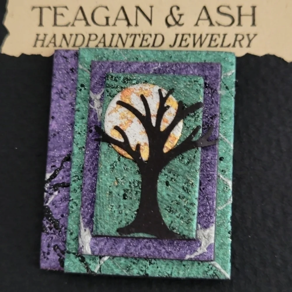 NWT Teagan & Ash Handpainted Paper Resin Pin, Moon Scene